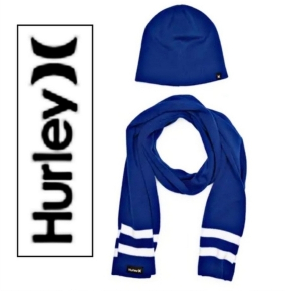 Hurley Royal Blue and White Knit Set Beanie And Scarf Nwt - Picture 1 of 10